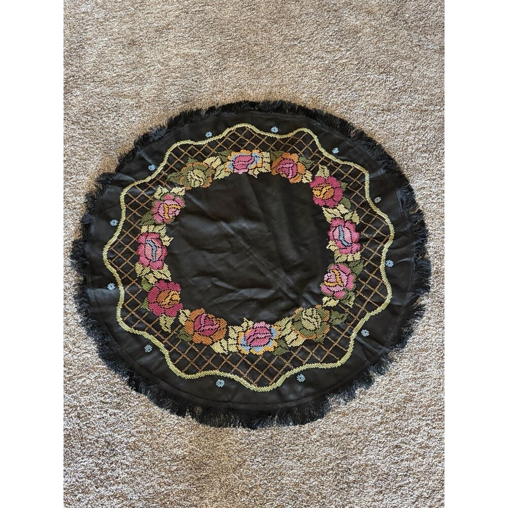 Vtg. Black Satin Multicolor Embroidered Flowers Fringe Tablecloth Round 35” Boho - Picture 3 of 14